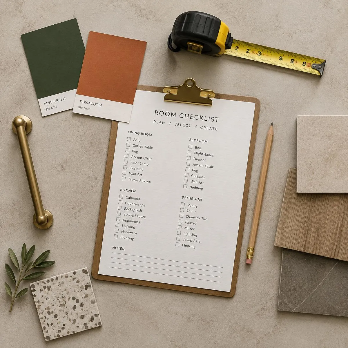 Paint swatches, room checklist, and flooring samples